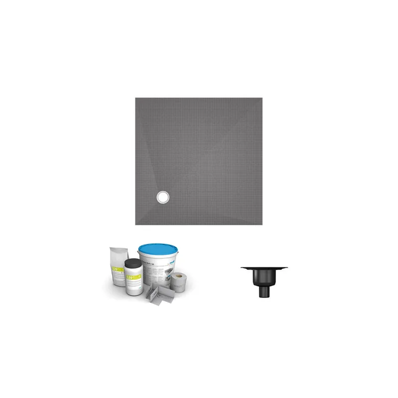 Receveur à carreler écoulement excentré Wedi Fundo primo + ecoulement grille carrée + kit d‘étancheité