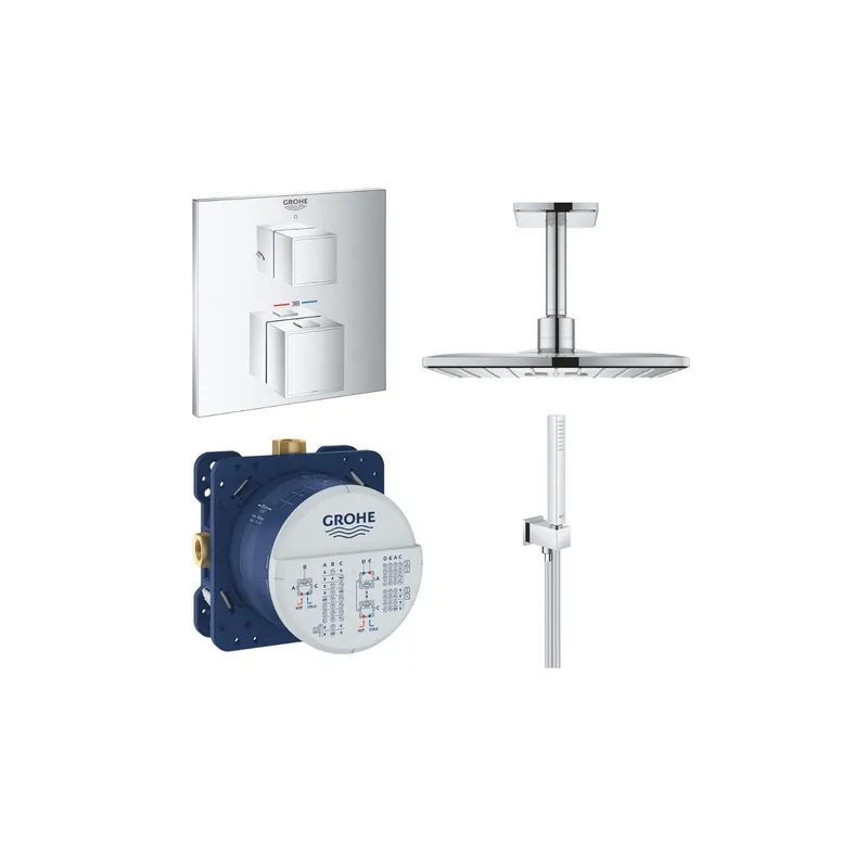 Robinet douche thermostatique encastrable Grohe Grohtherm Cube avec plafonnier douche 2 jets
