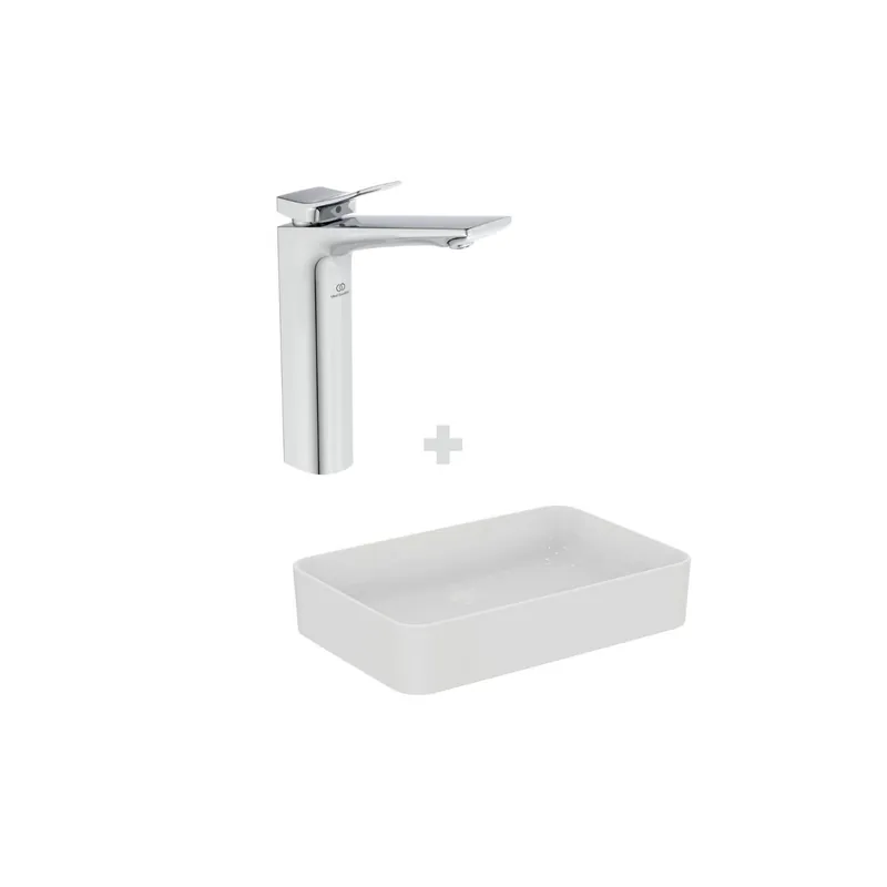 Lot Vasque à poser rectangulaire Idéal Standard Conca 60 cm blanche + Mitigeur lavabo réhaussé Conca couleur