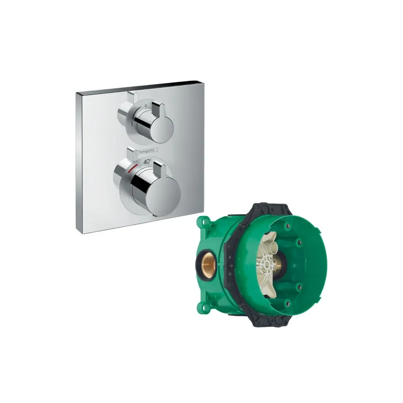 Façade robinet encastré thermostatique 1 sortie HANSGROHE Ecostat Square avec robinet d‘arrêt + corps encastré