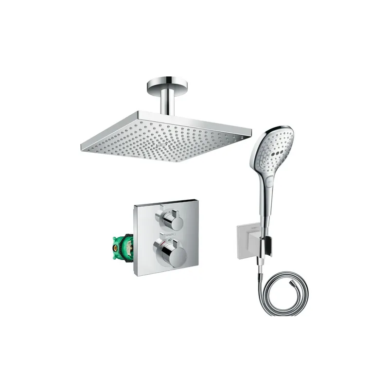 Colonne de douche encastrée thermostatique HANSGROHE Ecostat Square + Douche de tête Raindance E 300 fixation plafond