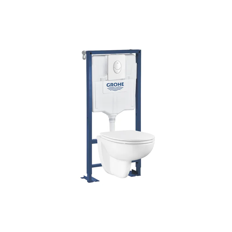 Pack WC suspendu sans bride GROHE Bau ceramic + Bâti support Solido + abattant + plaque ovale blanc alpin