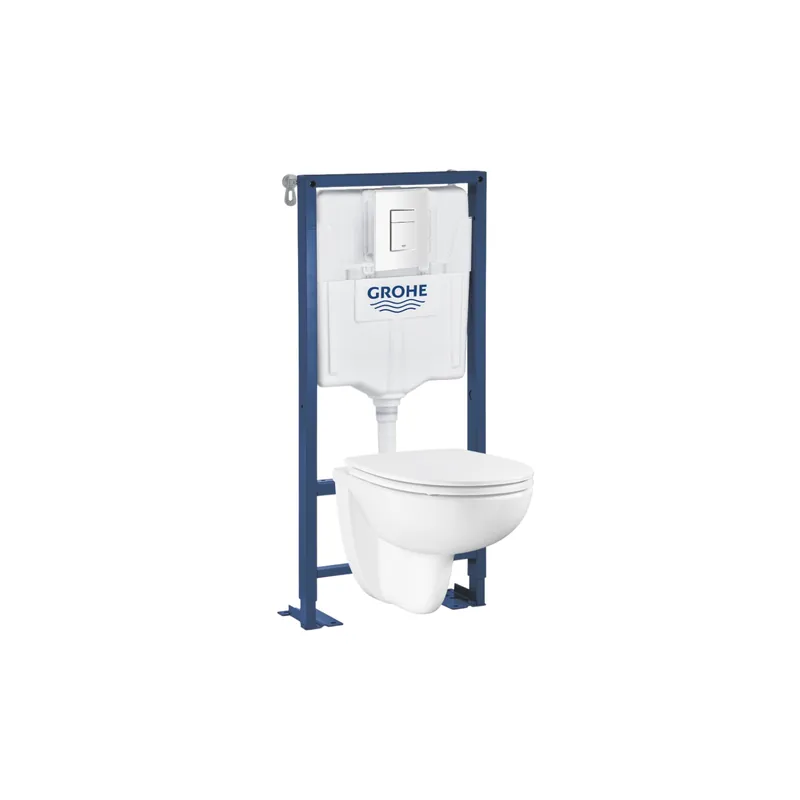 Pack WC suspendu sans bride GROHE Bau ceramic + Bâti support + abattant + plaque carré blanc alpin