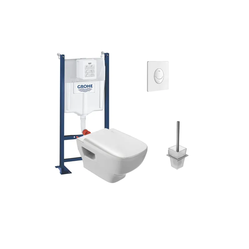 WC suspendu sans bride Jacob Delafon Struktura + abattant + Bâti support + Plaque commande blanc+ Porte-balai Moderne, Chrome Ja