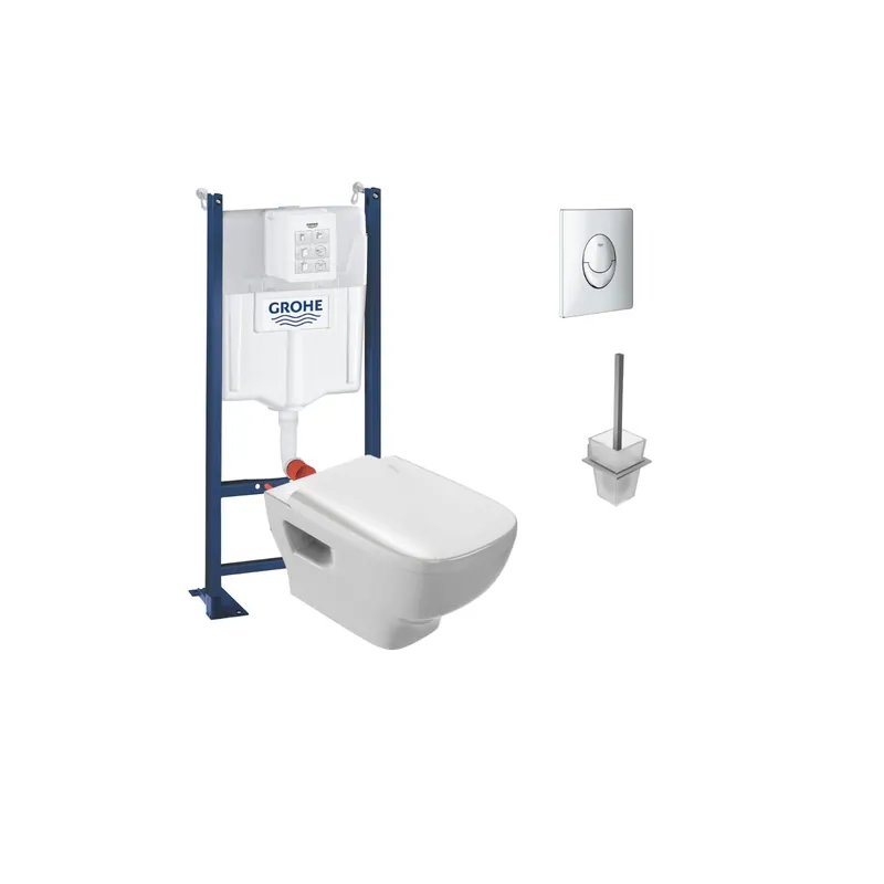 WC suspendu sans bride Jacob Delafon Struktura + abattant + Bâti support + SPlaque commande chromé+ Porte-balai Moderne, Chrome