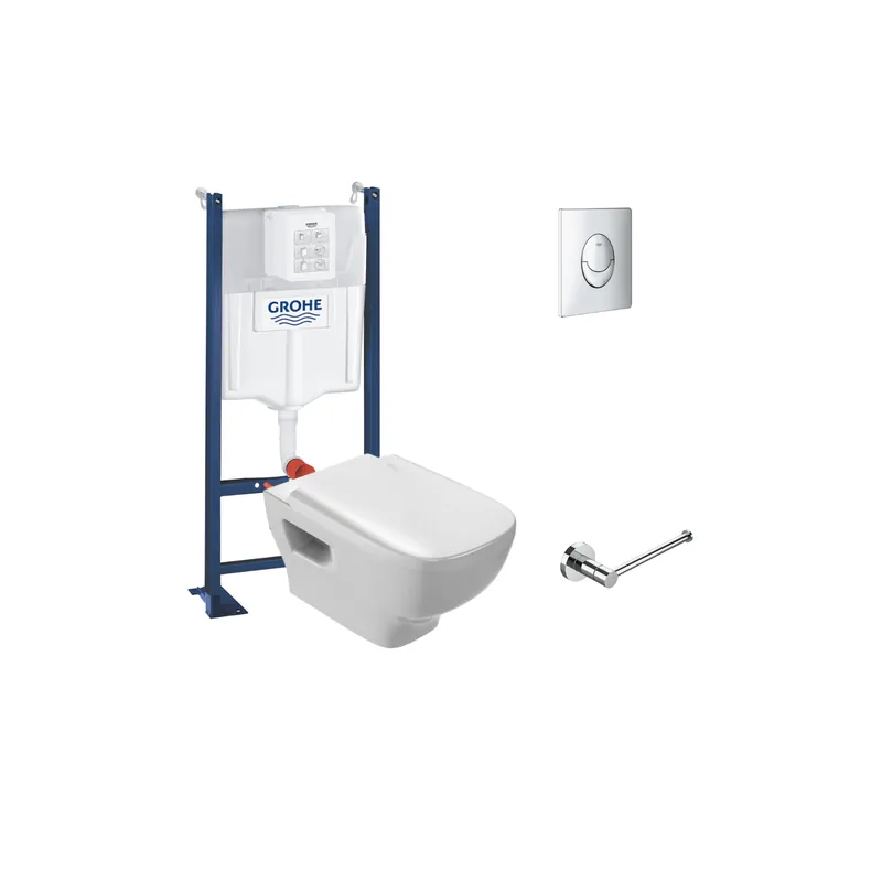 WC suspendu sans bride Jacob Delafon Struktura + abattant + Bâti support + SPlaque commande chromé+ Porte-rouleau Classique, Chr