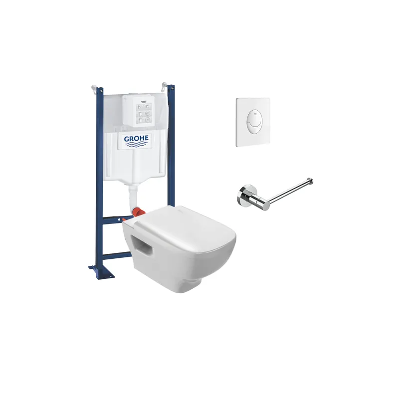 WC suspendu sans bride Jacob Delafon Struktura + abattant + Bâti support + Plaque commande blanc+ Porte-rouleau Classique, Chrom