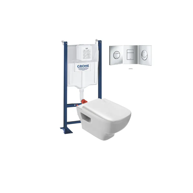 Pack WC suspendu sans bride JACOB DELAFON Struktura + abattant + bâti-support mur GROHE + plaque