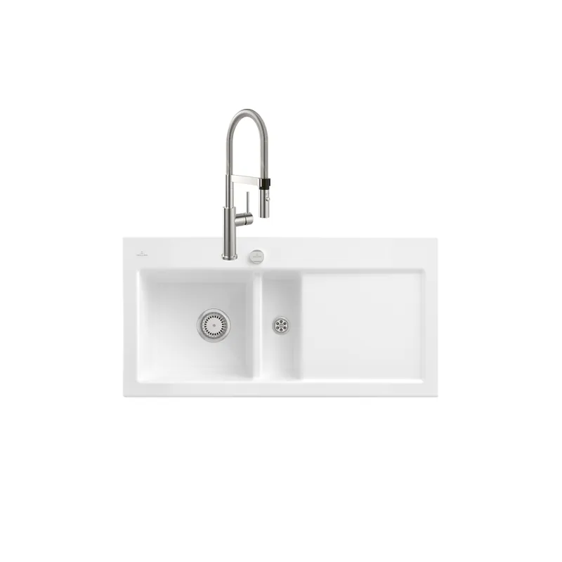 Evier VILLEROY ET BOCH Subway Pure 60 égouttoir à droite vidage auto + Robinet de cuisine Steel Expert 2.0