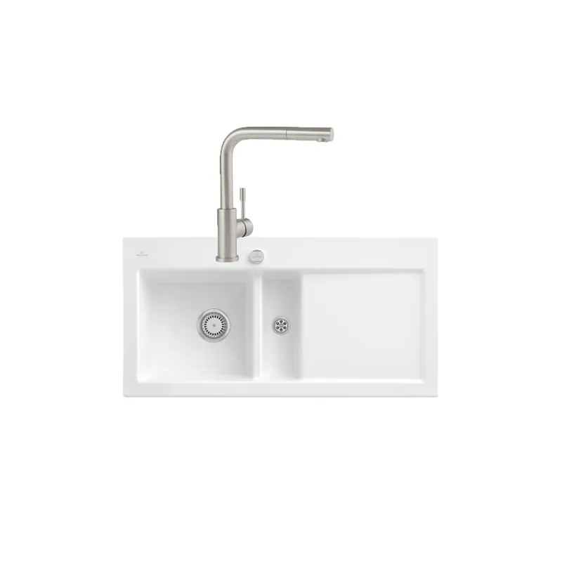 Evier VILLEROY ET BOCH Subway Pure 60 égouttoir à droite vidage auto + Robinet de cuisine Steel Shower
