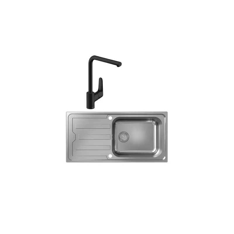 Evier 1 bac HANSGROHE S44 inox + robinet de cuisine HANSGROHE Focus M41 280 noir mat