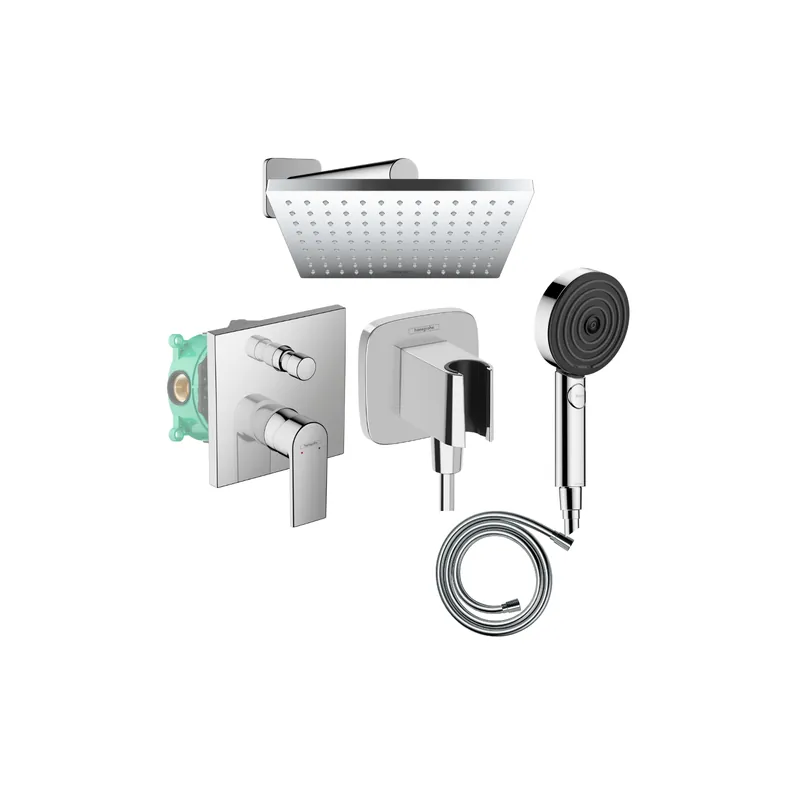 Colonne de douche encastrée mécanique HANSGROHE Vernis Shape Douche de tête Vernis Shape Flexible Isiflex Douchette Pulsify chromé