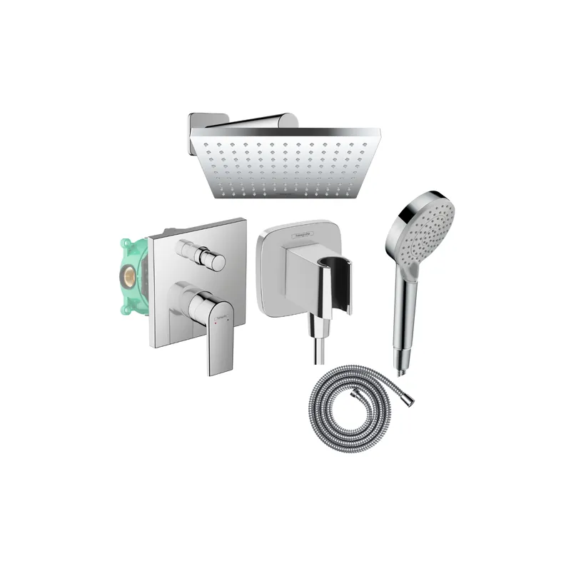 Colonne de douche encastrée mécanique HANSGROHE Vernis Shape Douche de tête Vernis Shape Flexible Métaflex Douchette Vernis Blend chromé