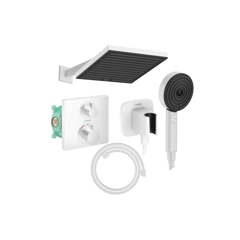 Colonne de douche encastrée thermostatique HANSGROHE Ecostat Square Douche de tête Pulsify S Flexible Designflex Douchette Pulsify blanc mat