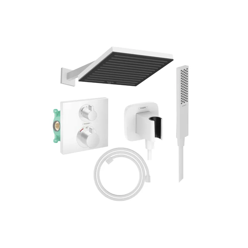 Colonne de douche encastrée thermostatique HANSGROHE Ecostat Square Douche de tête Pulsify S Flexible Designflex Douchette Pulsify E blanc mat