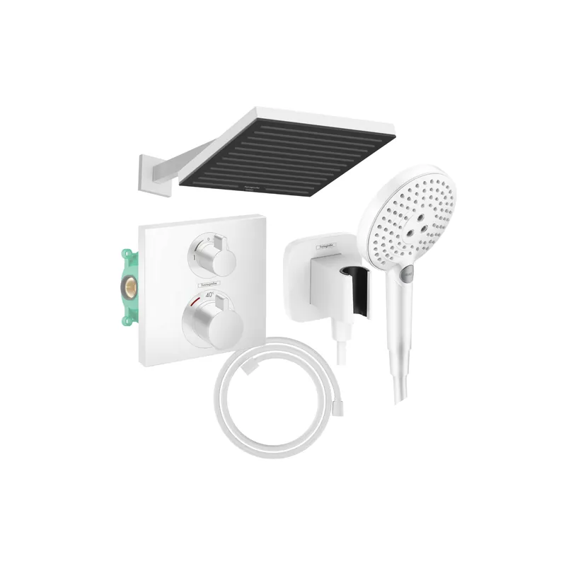 Colonne de douche encastrée thermostatique HANSGROHE Ecostat Square Douche de tête Pulsify S Flexible Designflex Douchette RAINDANCE SELECT S blanc mat