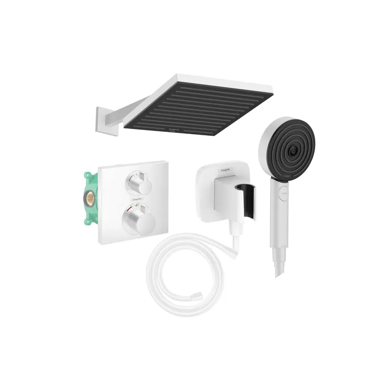 Colonne de douche encastrée thermostatique HANSGROHE Ecostat Square Douche de tête Pulsify S Flexible Isiflex Douchette Pulsify blanc mat