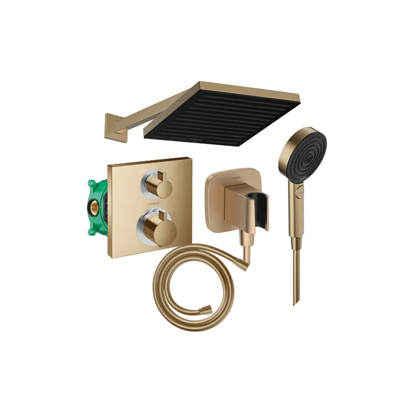 Colonne de douche encastrée thermostatique HANSGROHE Ecostat Square Douche de tête Pulsify S Flexible Isiflex Douchette Pulsify bronze brossé