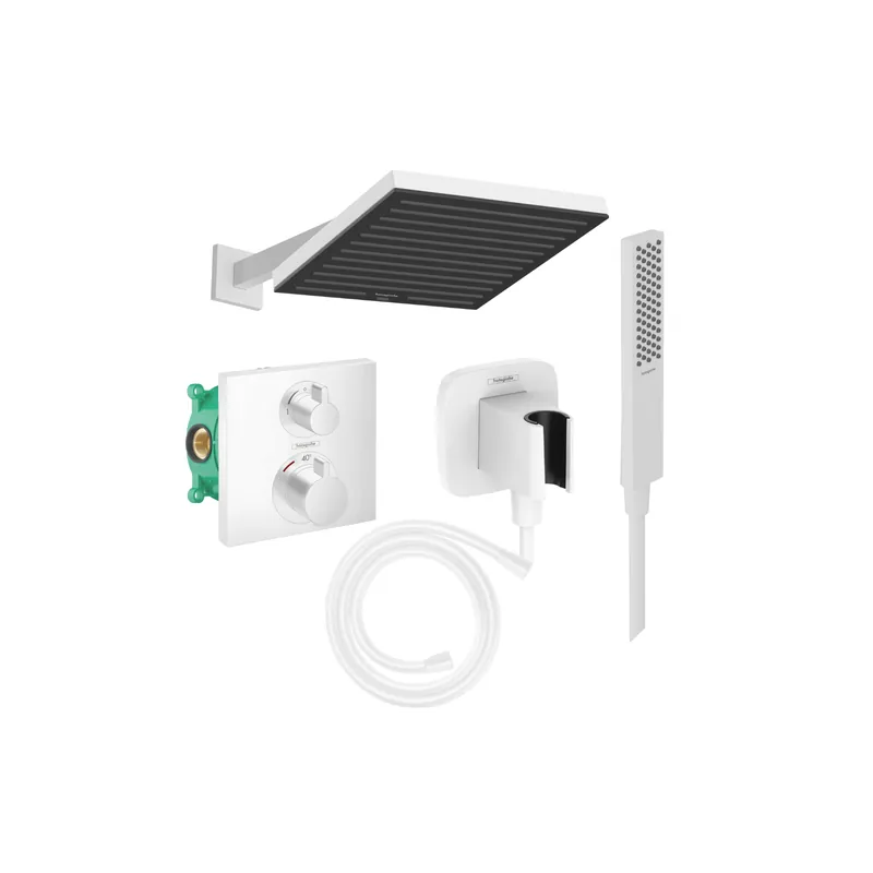 Colonne de douche encastrée thermostatique HANSGROHE Ecostat Square Douche de tête Pulsify S Flexible Isiflex Douchette Pulsify E blanc mat