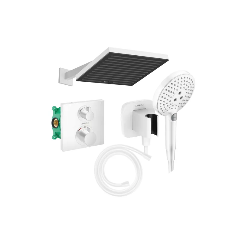 Colonne de douche encastrée thermostatique HANSGROHE Ecostat Square Douche de tête Pulsify S Flexible Isiflex Douchette RAINDANCE SELECT S blanc mat