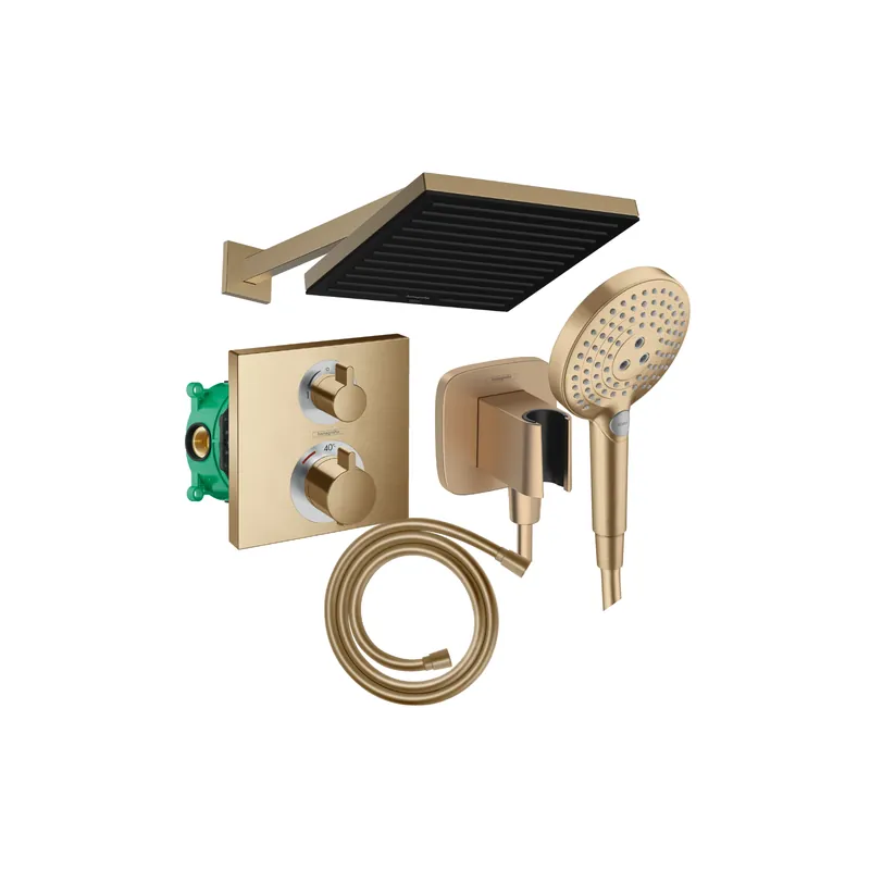 Colonne de douche encastrée thermostatique HANSGROHE Ecostat Square Douche de tête Pulsify S Flexible Isiflex Douchette RAINDANCE SELECT S bronze brossé