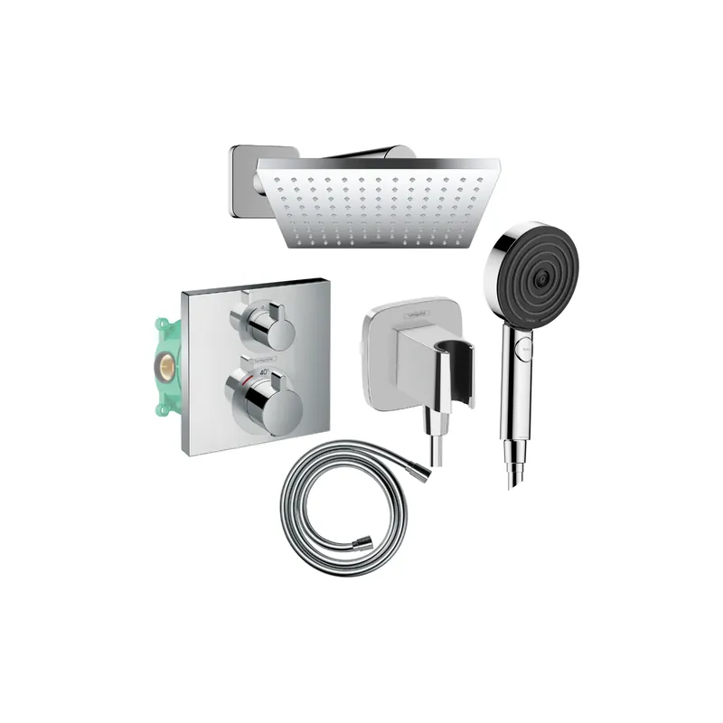 Colonne de douche encastrée thermostatique HANSGROHE Ecostat Square Douche de tête Vernis Shape Flexible Isiflex Douchette Pulsify chromé