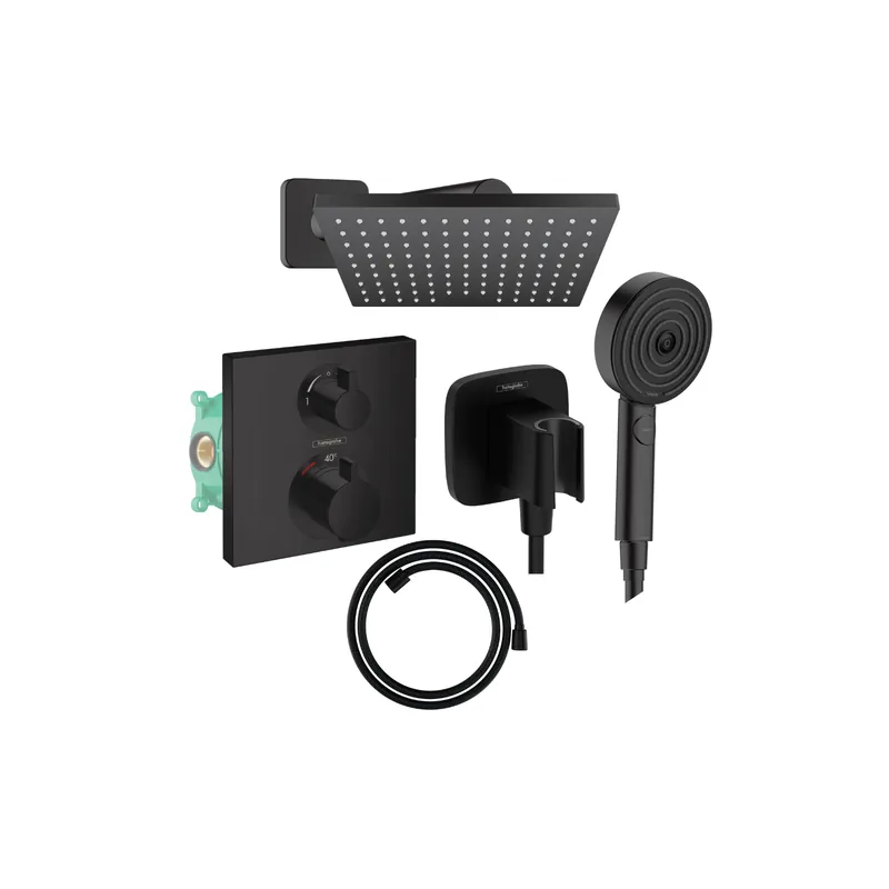 Colonne de douche encastrée thermostatique HANSGROHE Ecostat Square Douche de tête Vernis Shape Flexible Designflex Douchette Pulsify noir mat