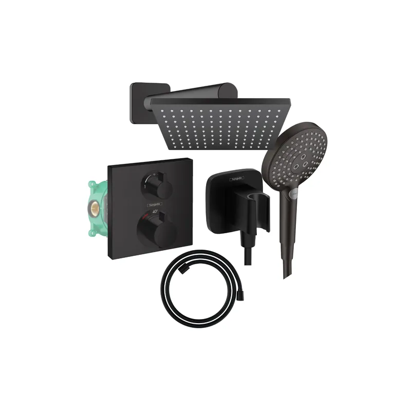 Colonne de douche encastrée thermostatique HANSGROHE Ecostat Square Douche de tête Vernis Shape Flexible Designflex Douchette Raindance Select S noir mat