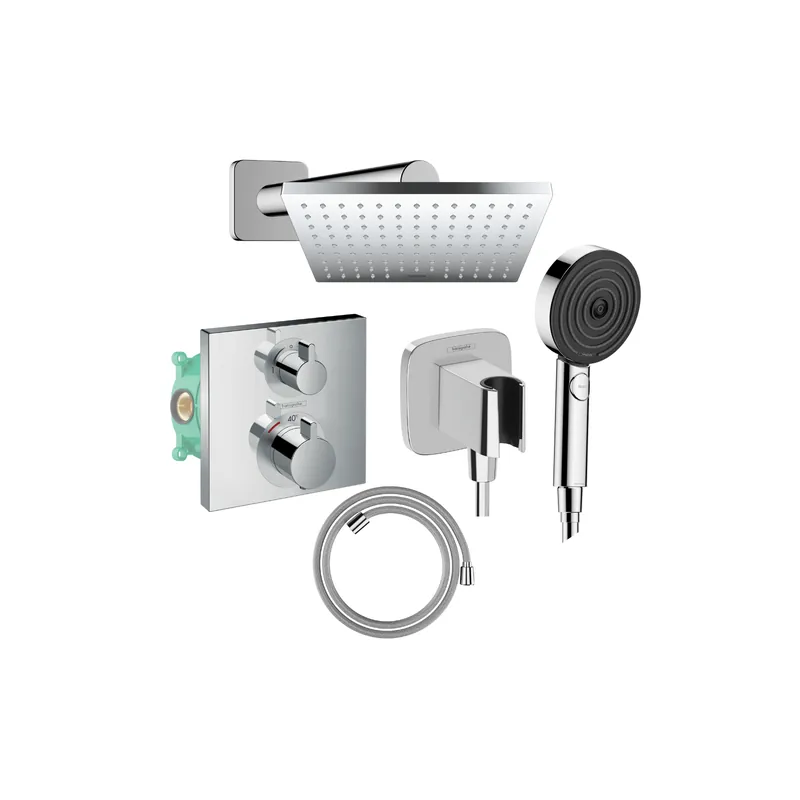 Colonne de douche encastrée thermostatique HANSGROHE Ecostat Square Douche de tête Vernis Shape Flexible Designflex Douchette Pulsify chromé