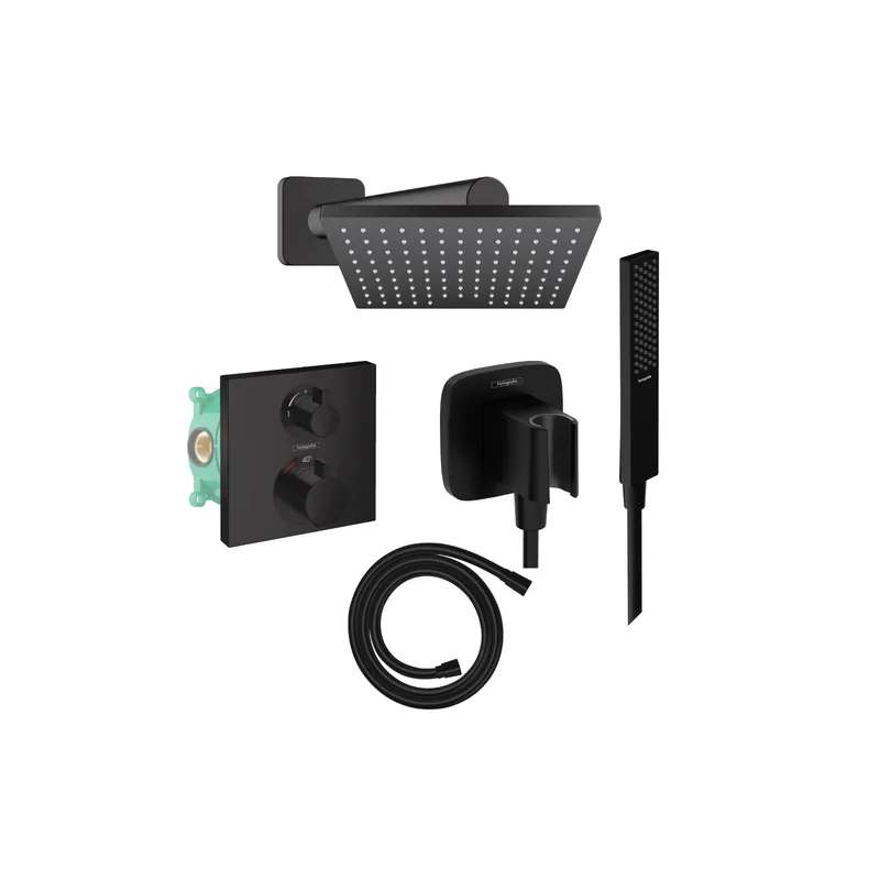Colonne de douche encastrée thermostatique HANSGROHE Ecostat Square Douche de tête Vernis Shape Flexible Isiflex Douchette Pulsify E noir mat