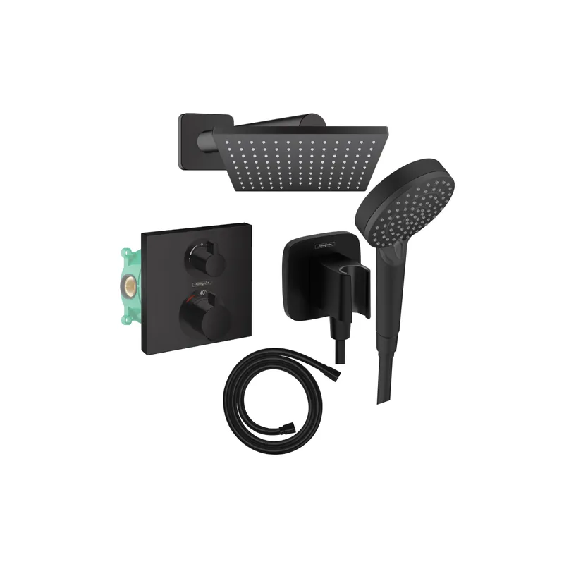 Colonne de douche encastrée thermostatique HANSGROHE Ecostat Square Douche de tête Vernis Shape Flexible Isiflex Douchette Vernis Blend noir mat