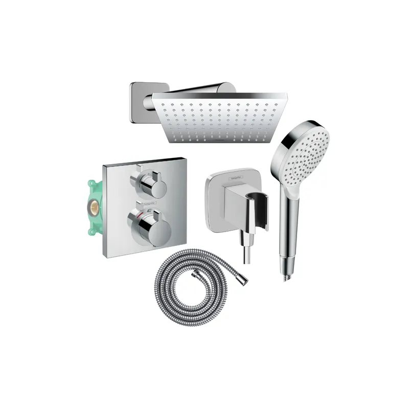 Colonne de douche encastrée thermostatique HANSGROHE Ecostat Square Douche de tête Vernis Shape Flexible Metaflex Douchette Crometta chromé