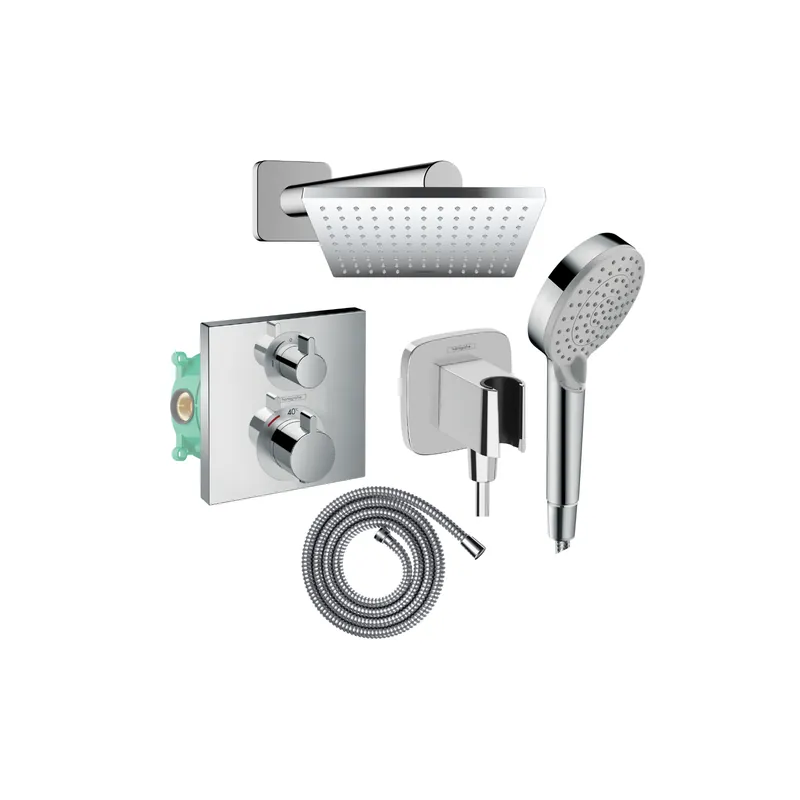 Colonne de douche encastrée thermostatique HANSGROHE Ecostat Square Douche de tête Vernis Shape Flexible Metaflex Douchette Vernis Blend chromé