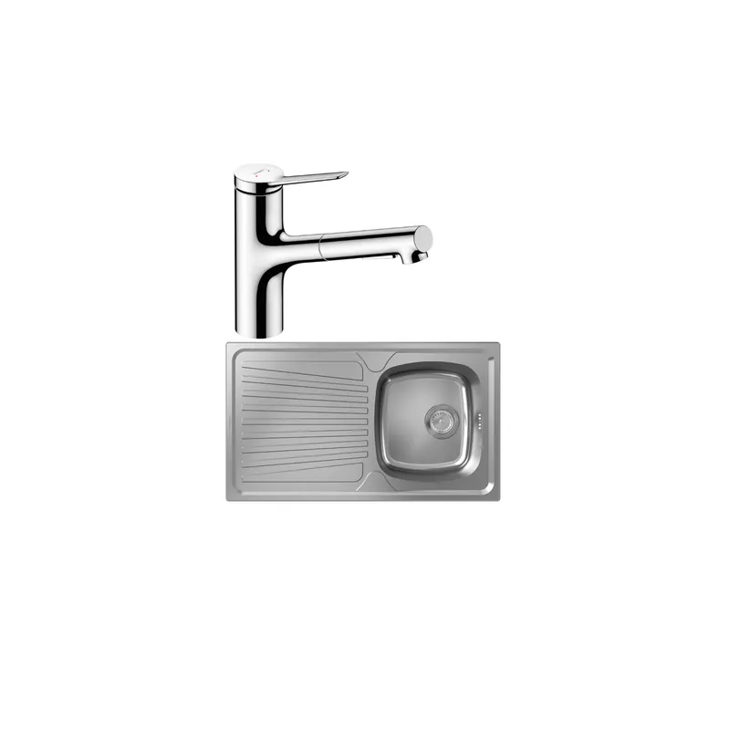 Evier 1 bac HANSGROHE S21 inox + robinet de cuisine avec douchette HANSGROHE Zesis M33 150 2 jets