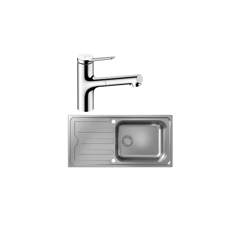 Evier 1 bac HANSGROHE S44 inox + robinet de cuisine avec douchette HANSGROHE Zesis M33 150 2 jets
