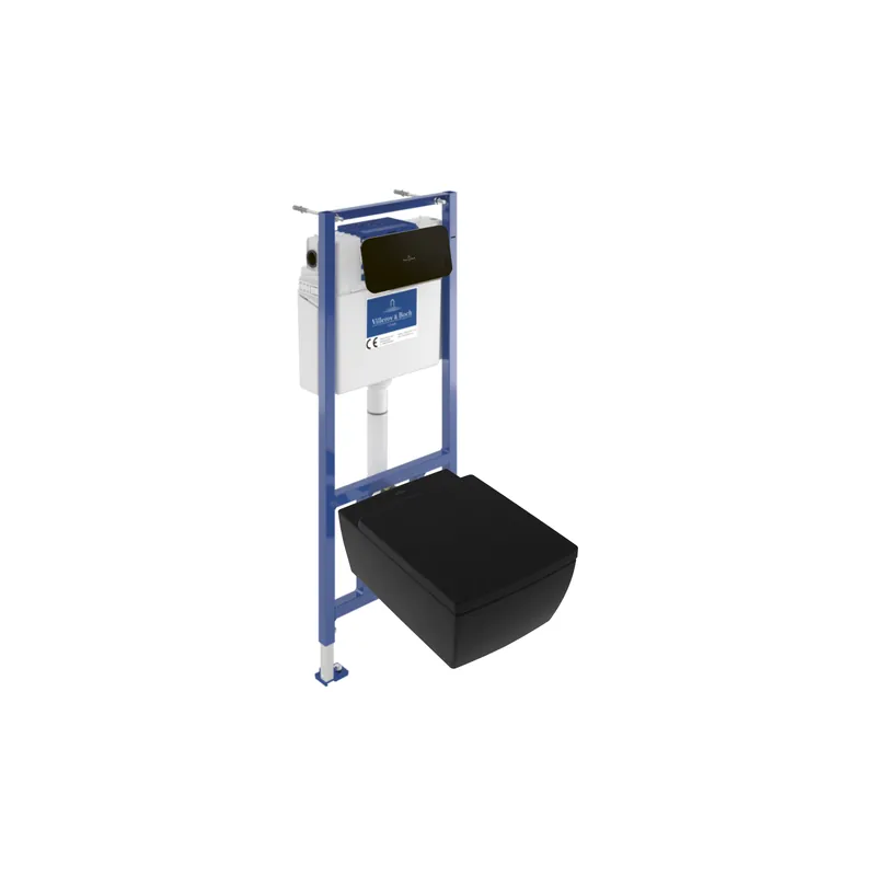 Pack WC suspendu sans bride VILLEROY ET BOCH Memento 2.0 + abattant frein de chute + bâti-support sol et mur + plaque Pure Black