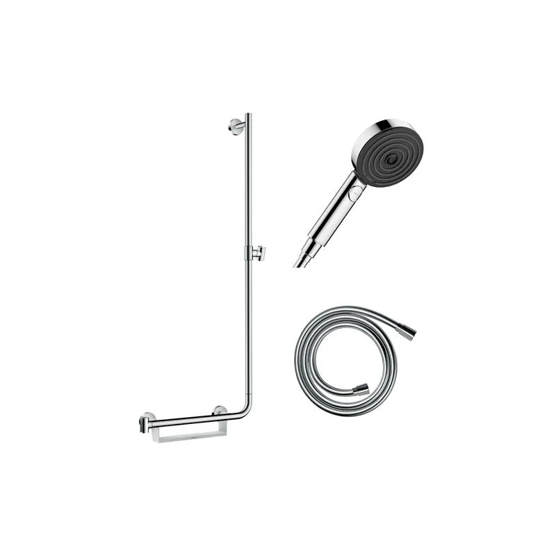 Barre de douche PMR HANSGROHE Unica 110 Chromé + Pommeau de douche Pulsify Select 3 jets + Flexible