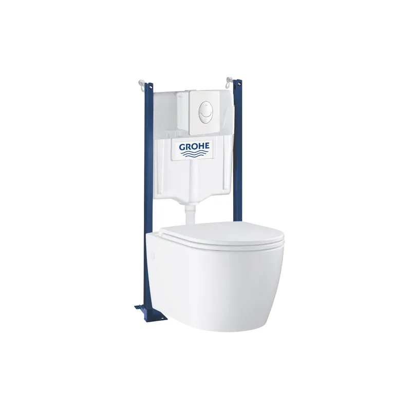 Pack WC suspendu sans bride GROHE Start Round Ceramic + abattant frein de chute + Bâti-support mur + Plaque Rapid SL