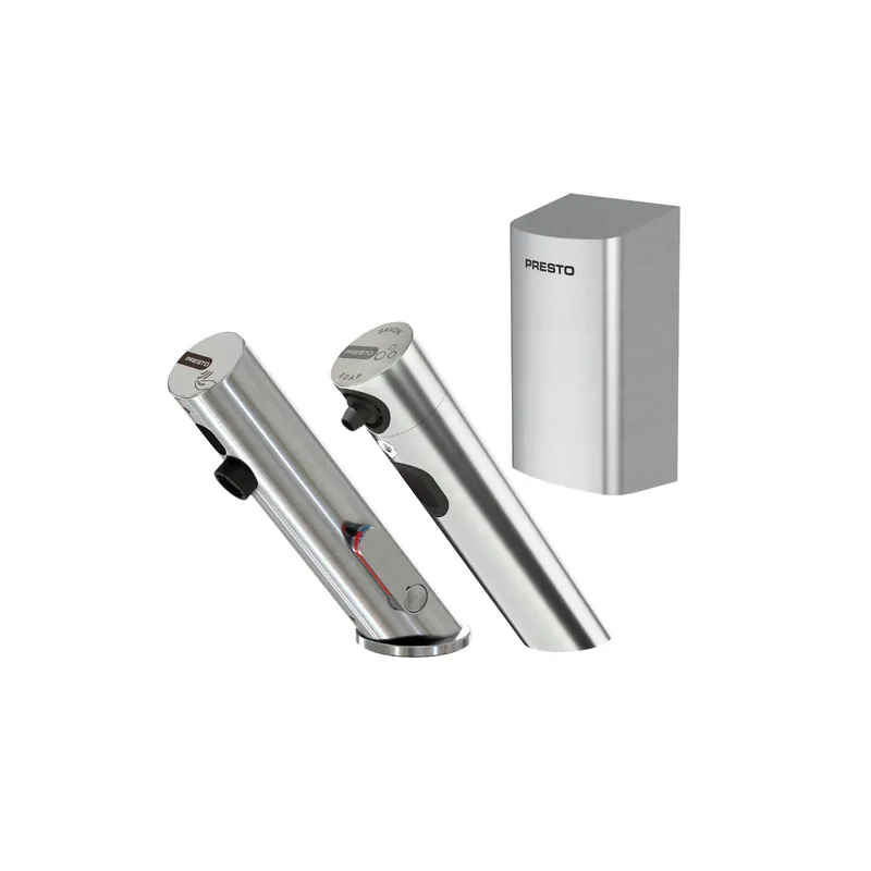 Pack mitigeur infrarouge avec robinet d‘arrêt + Distributeur de savon infrarouge + Sèche-main PRESTO Linea Inox brossé
