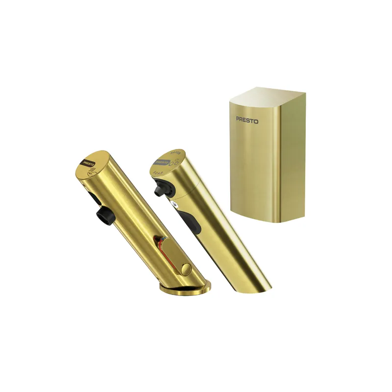 Pack mitigeur infrarouge avec robinet d‘arrêt + Distributeur de savon infrarouge + Sèche-main PRESTO Linea Or brossé