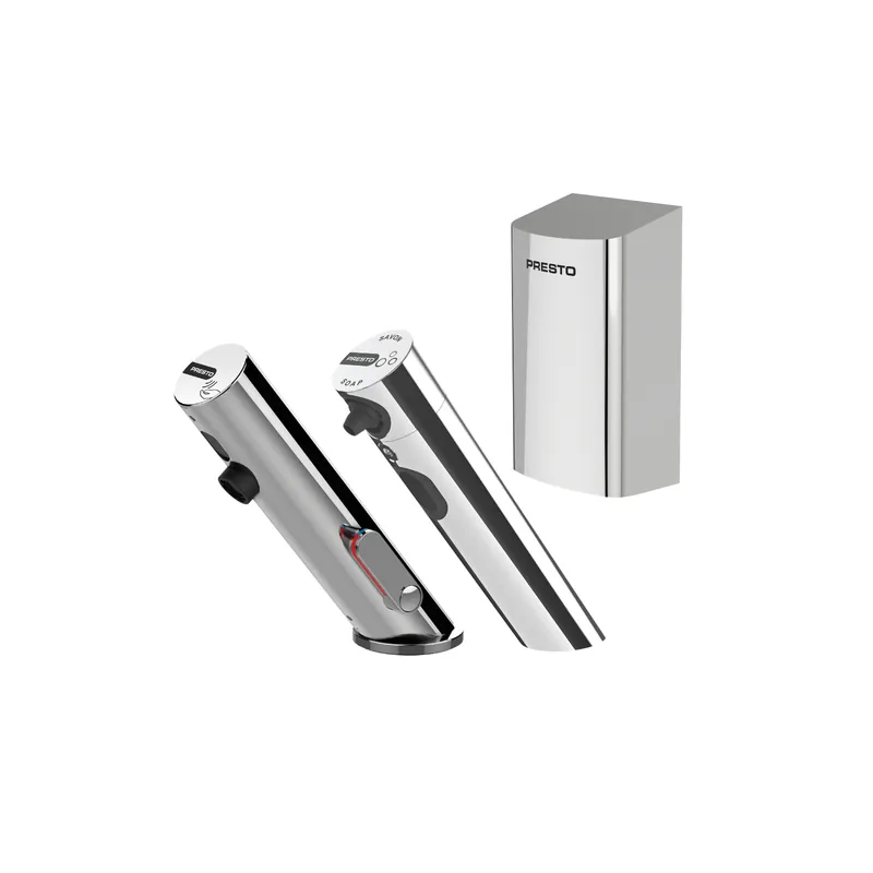 Pack mitigeur infrarouge avec robinet d‘arrêt + Distributeur de savon infrarouge + Sèche-main PRESTO Linea Chromé