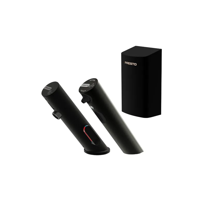 Pack mitigeur infrarouge avec robinet d‘arrêt + Distributeur de savon infrarouge + Sèche-main PRESTO Linea Noir mat