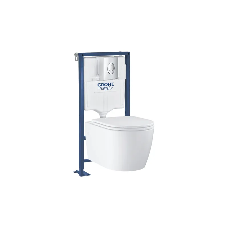 Pack WC suspendu sans bride Start Round Ceramic + Abattant frein de chute + Bâti support autoportant + Plaque de commande chromé