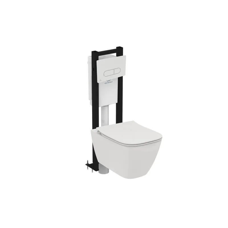 Pack WC suspendu sans bride compact IDEAL STANDARD I.Life B RimLS+ + Abattant frein de chute + Bâti-support autoportant + Plaque blanche