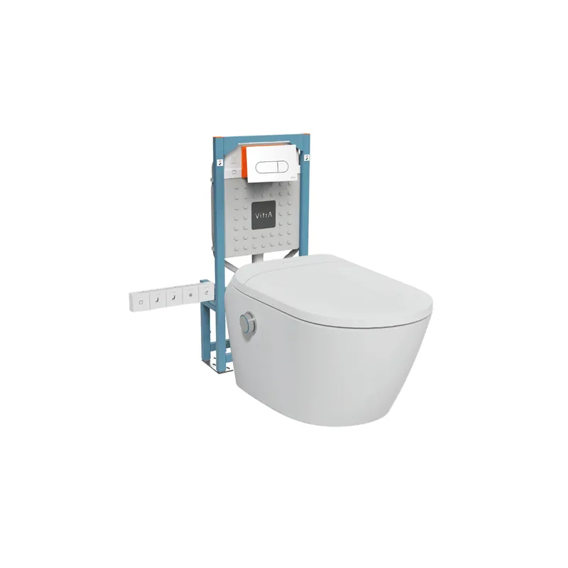 Pack WC lavant suspendu sans bride avec abattant et attentes électriques VitrA V-Care Ultra blanc + bâti autoportant V-Fix Easy + plaque