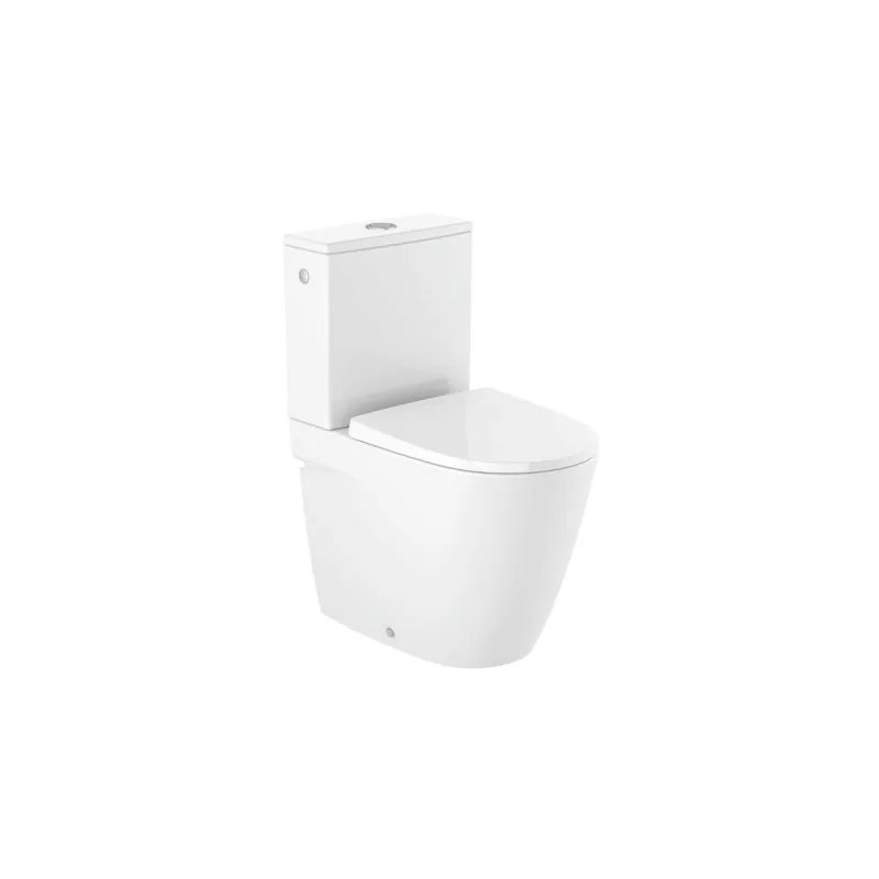 WC à poser compact sans bride sortie réversible et alimentation latérale ROCA Ona blanc brillant avec abattant frein de chute