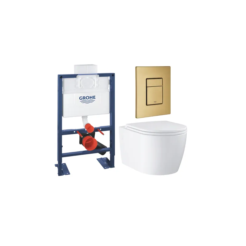 Pack bâti-support GROHE Rapid SL hauteur réduite + WC suspendu sans bride caréné abattant Start + Plaque commande Cool Sunrise