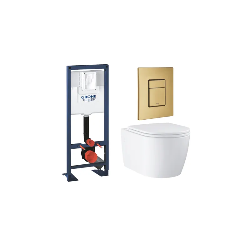 Pack bâti-support GROHE Rapid SL largeur réduite + WC suspendu sans bride caréné abattant Start + Plaque commande Cool Sunrise