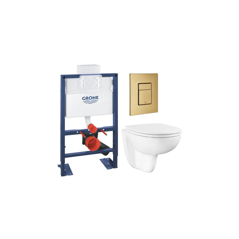 Pack bâti-support GROHE Rapid SL hauteur réduite + WC suspendu sans bride abattant Bau Ceramic + Plaque commande Cool Sunrise