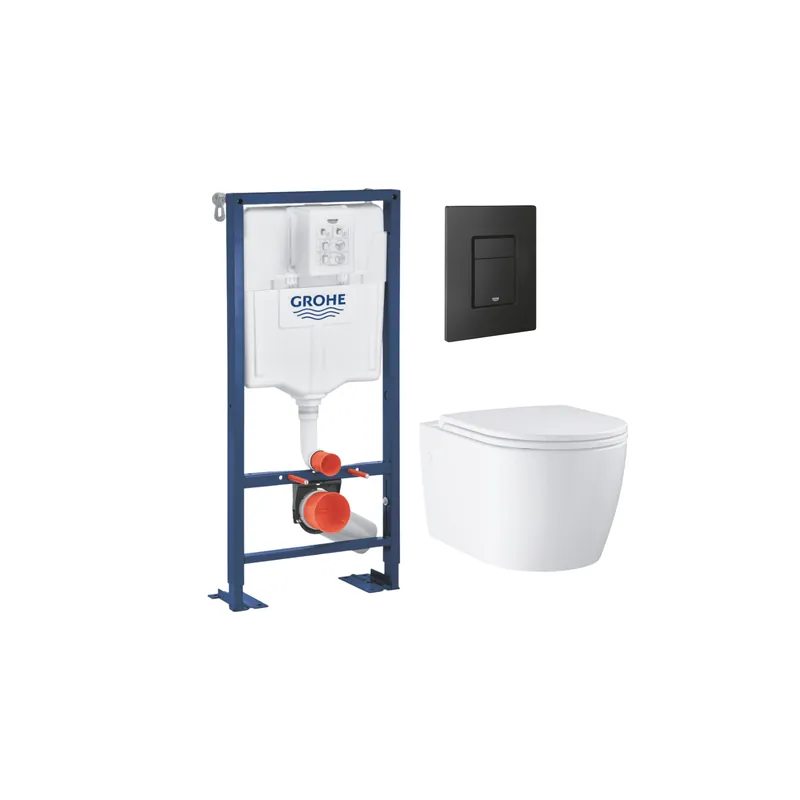 Pack bâti-support autoportant GROHE Solido + Cuvette suspendue sans bride avec abattant Start Round + Plaque commande noir phantom
